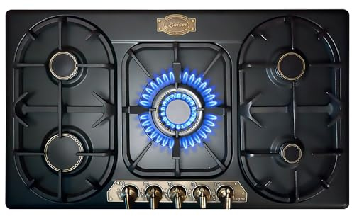 Kaiser Gaskochfeld 90 cm KG 9325 Em Turbo Wokbrenner, Retro Empire Gas Kochfeld 5 Brenner, Einhandzündung, Gusseisenroste, Erdgas/Propangas, Gaskochfeld Einbau Schwarz Premium