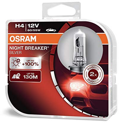 Osram Night Breaker Silver H4, +100% mehr Helligkeit, Halogen-Scheinwerferlampe, 64193NBS-HCB, 12V Pkw, Duo Box (2 Lampen)