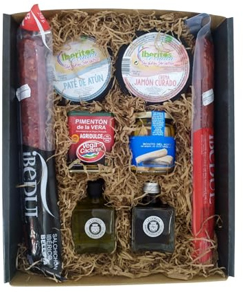 Cesta gourmet de regalo para celiacos e intolerantes a la lactosa. Sin gluten y sin lactosa y sin alcohol con productos ibéricos, patés, aceite, vinagre, conserva de pescado y pimentón.