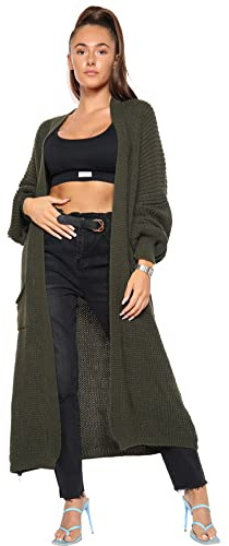 Candid Styles Ladies Long Maxi Knitted Cardigan Balloon Sleeve 2 Pocket Womens Open Front Boyfriend Cardigans Top (Khaki, 8-14)