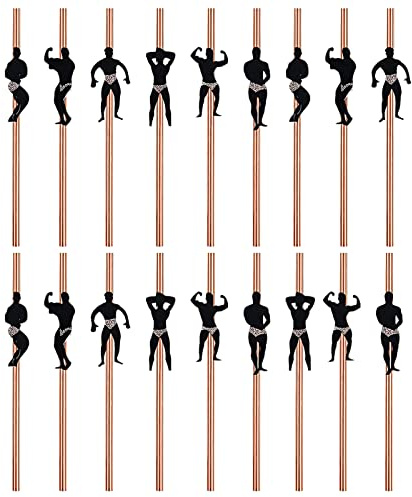 BEHAHAI 18pcs Hen Bachelorette Cocktail Dancing Men Male Stripper Rose Gold Paper Straws for Bachelorette Party Decoration