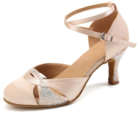 AOQUNFS Scarpe da Ballo Latino Americano Donna Punta Chiusa Strass Professionale Danza Moderna Scarpe da Salsa Tango e Bachata,L157-Beige-7.5,EU39