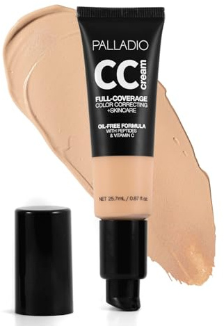 Palladio Full-Coverage Color Correction CC Cream, Oil-Free with Peptides & Vitamin C, Best for Correcting Redness and Uneven Skin Tone, Buildable Foundation Coverage (Light 21C)