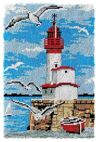 ROCKY&CHAO Knüpfhaken-Teppich-Set DIY-Knüpfhaken Teppichherstellungs-Set für Erwachsene Kinder Kreuzstich Teppichherstellung Heimdekoration 60 x 40 cm （Roter Leuchtturm）