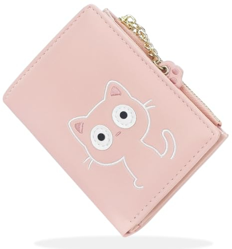 SNCCJ Klein Portemonnaie Damen,Bifold Leder Süß Geldbörse Mädchen Teenager (Katze Rosa)