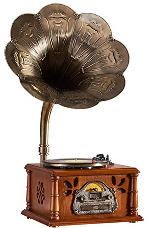 Radio rétro, Tourne-Disque Vintage, phonographe de Tourne-Disque rétro, phonographe en Bois avec klaxon en cuivre, Lecteur CD de Support/Bluetooth/Radio FM/WiFi, Peut êtr