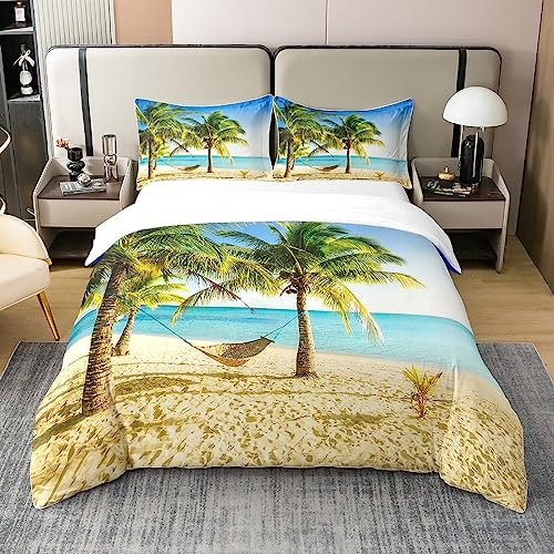 Küstenpalme 100% Baumwolle Bettbezug 135x200,Sommer Hawaiin Stil Tröster Abdeckung,Ozean Strand Bettwäsche Set Tropischer Stil,Hängematte Urlaub Thema Bettwäsche Abdeckung Mikrofaser Zimmer Dekor