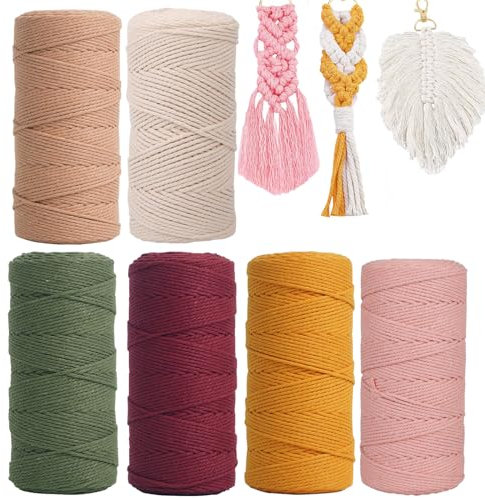 6Pcs Filato di Cotone Macramè, 1mm Macrame Corda,Filo Macrame Cordoncino Cotone Grosso Corda Colorata, Naturale Corda di Cotone Intrecciata per piante fai da te, artigianato (6PCS-100m-1mm)