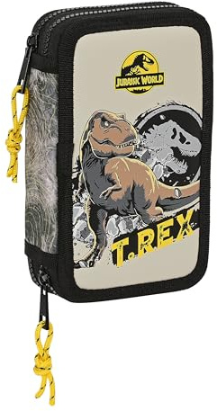 JURASSIC WORLD WARNING - Estuche Escolar Niño, Estuche con Colores, con 28 Útiles Incluidos, Ideal para Niños de 5 a 14 Años, Cómodo y Versátil, Calidad y Resistencia, 12.5x4x19.5 cm, Color Gris