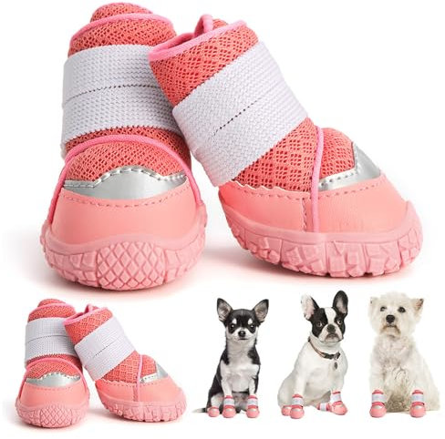 YPDOPORA Hundeschuhe Für Kleine Hunde, rutschfeste Hundeschuhe, Pfotenschutz Für Heiße Gehwege, Winter, Schnee, Wandern, Mit Verstellbaren Trägern Und Rutschfesten Sohlen, 4 Stück,Rosa,XS