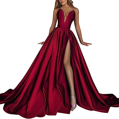 Vestido de noche elegante para mujer, largo, para boda, vestido de cóctel, largo, vestido de gala, con abertura lateral, escote profundo en V, vestido de graduación, vestido envolvente, estilo vintage