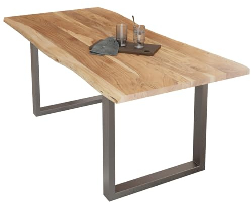 Liadomo Esstisch 180x90 Diala Natur, U-Gestell Silber | Baumkante, Akazie Massivholz Tisch, 35 mm Tischplatte lackiert, Metallgestell, Robust & Pflegeleicht, bis zu 8 Personen