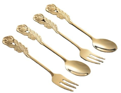 MIEDEON Cucharas de postre para bebidas frías, tenedor de postre, mango de rosa, tenedor y cuchara de acero inoxidable, tenedor y cuchara, tenedor de pastel, cuchara de café, hogar, restaurante (oro,