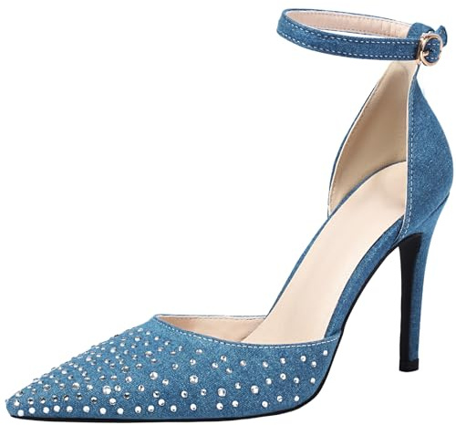 Smilice Women's Elegant Stiletto Heel Rhinestones Court Shoes Pointed Toe Heels with Ankle Buckle Blue