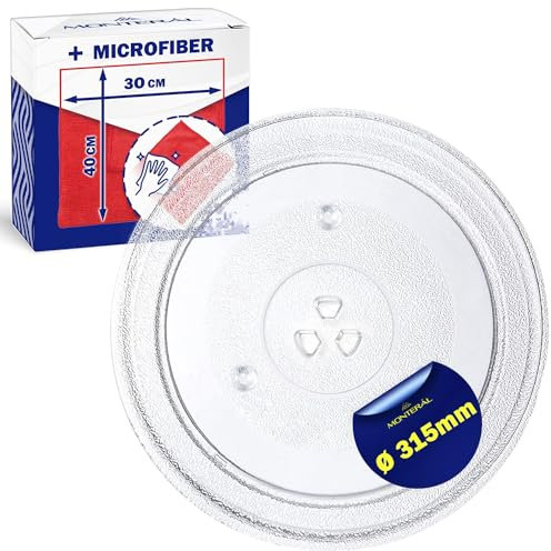 Plato Microondas Universal Ø 31,5 cm Tiene 3 Fijaciones Plato Giratorio Ø 315 mm con Código Original 49016762 49008503 49010006 para Candy - Juego Incluye un Bayeta Microfibra - MONTERAL