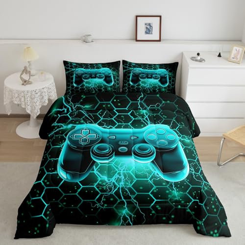 Homemissing Juego de edredón para niños, juego de ropa de cama doble con estampado de consola de videojuegos de neón para niños y jóvenes, edredón acolchado para juegos infantiles, color verde