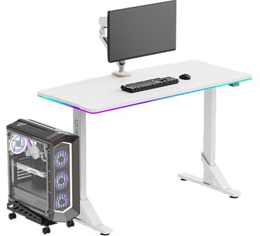 ULTRADESK - Iron - Computertisch - Schreibtisch für Gaming Monitor, Gaming Tisch, Höhenverstellbarer Schreibtisch mit RGB LED Hintergrundbeleuchtung - für 2 Monitore - Groß, Höhenverstellbar - Weiß