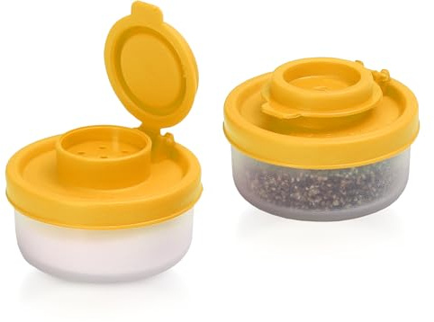 SIGNORAWARE Salt and Pepper Shaker, Moisture-Resistant, 2-piece Set, Small, mini Salt Shaker, for on the go, Camping, Picnic, Outdoor, Kitchen, Lunch Boxes, Travel, Spice Set, Transparent with red