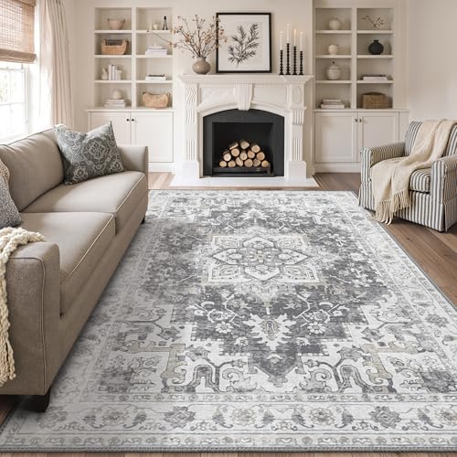GENIMO Großer Boho Vintage Wohnzimmer Teppich 200x290CM, Waschbar und rutschfest, Kurzflor Teppich für Wohnzimmer, Esszimmer oder Büro