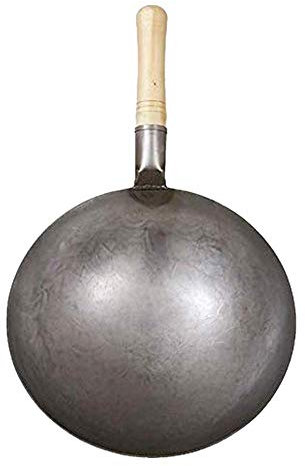 Wok de acero al carbono forjado a mano con madera de olmo premium y mango auxiliar de acero, 32 cm, wok de hierro profesional chino tradicional