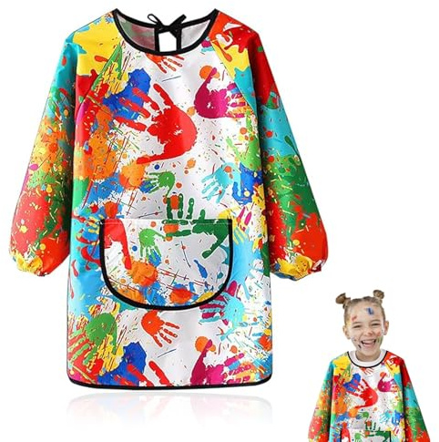 HUSOUE Kids Painting Apron 6-12 Age, Waterproof Child Art Smock with Pocket Graffiti Long Sleeves Painting Apron Smock for Boys and Girls Cooking Painting Craft