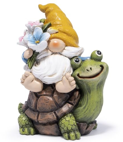 Hodao Spring Gnome Figurine Sitting on Turtle – Adorable Resin Garden Mini Gnome with Flowers and Frog for Home Shelf Tiered Tray or Outdoor Decor or Gift for Women (Gnomes on Turtles)