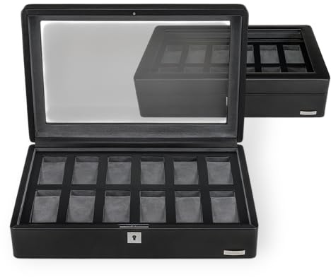 Windrose Uhrenetui für 12 Uhren tempora/schwarz (Recyceltes Leder) | Recyceltes Leder