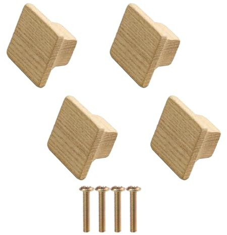SEIWEI Quadratisch Holzknopf Schubladenknöpfe, Möbelknöpfe aus Natur Eschenholz Möbelgriffe mit Schrauben (4er Set)