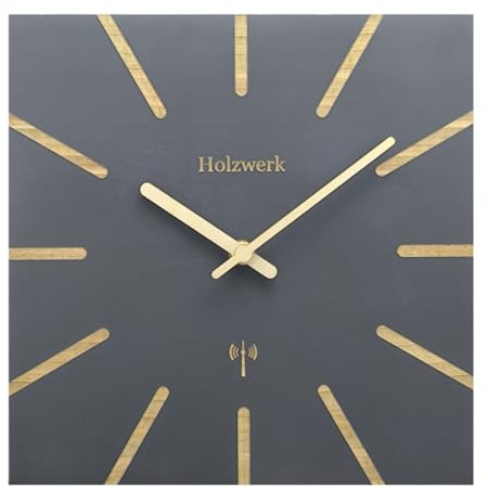 Holzwerk Natural Wood Radio Wall Clock Wooden Clock Radio-Controlled Wall Clock Square Radio-Controlled Clock Vintage Running Quiet Movement without Ticking Noises Grey Almost Silent Made of Handmade