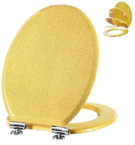 Angel Shield Glitter Toilet Seat Molded Wood Toilet Seat, Quiet Close with Quick Release Adjustable Hinges 45x37cm Oval, Fits EU Bottom-Mount Toilets (Gold Yellow Glitter)