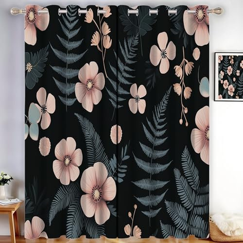 GDJSMIN Scandinavian Design Curtains,Black,Flowers Ferns, Window Treatments 2 Panel For Living Room Bedroom,W 90 x L 90, Thermal Blackout Eyelet Drapes Decorative