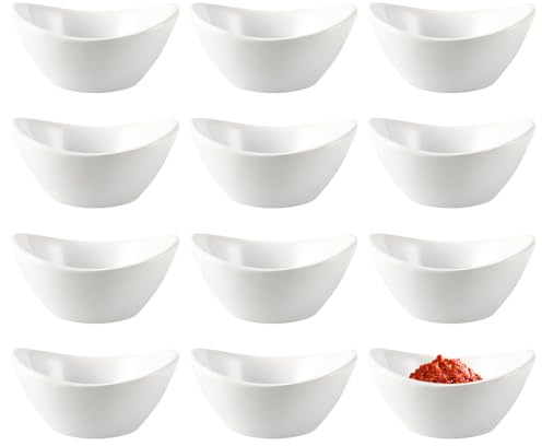 Keramik Dipschalen, 12 teilig Dip Schälchen Kleine Schüsseln Sojasauce Schälchen Mini Servierschalen für Snacks Dips Saucen Beilagen Sushi Gewürze und Vorspeisen Stapelbar, 8,3,6x7,3x3,9 cm, Weiß