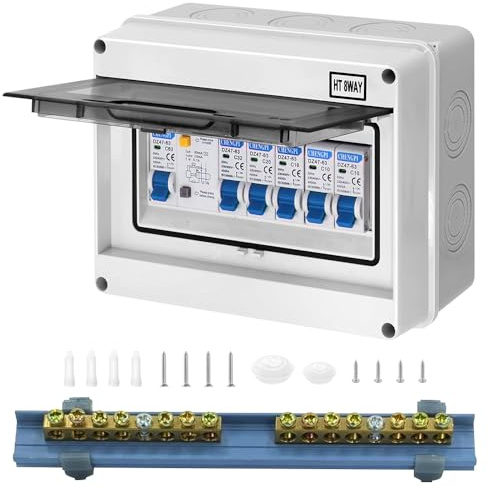 KBIBCK 5 Way Consumer Unit Circuit Breaker, Garage Consumer Unit, Fuse Box, IP65 Anti-Leakage, 63A 30mA RCD 4MCB 2x6A+10A+20A+32A, Protective Plastic Shield for Outbuildings Garage Caravans Workshops
