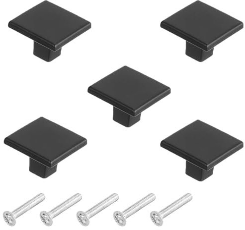 Tarqite 5Pcs Square Cabinet Knobs, Drawer Knobs Aluminum Alloy Solid Cabinet Pull Handles with Screws for Kitchen Cabinets Bedroom Dressers Wardrobes and Drawers(Matt Black)