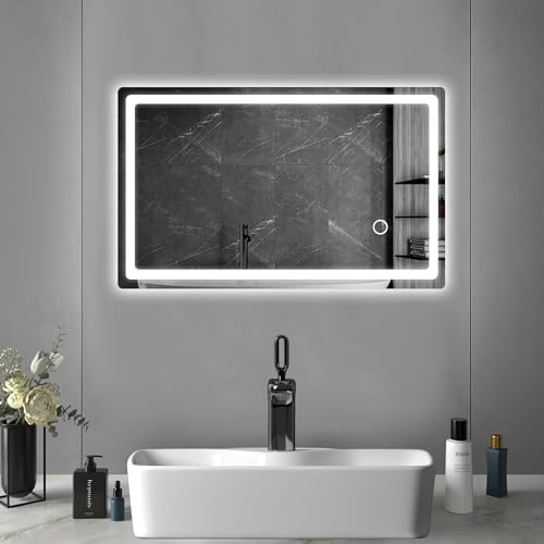 LED Badspiegel mit Beleuchtung 50x70cm, Wandspiegel mit Stecker Kaltweiß | Badezimmerspiegel fürs Bad mit Touch-Schalter, Spiegel mit Licht für das Badezimmer 6000K