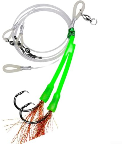 Juego de 2 señuelos de aparejo de caída profunda para pesca de pargo con seda de color brillante de PVC y giros de pesca sin torsión (7/0#)