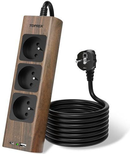TOPREK Multiprise USB, Rallonge Multiprise en Finition Bois Marron 1.5M