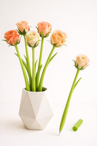 Aurus Set di 5 penne a sfera con rose artificiali realistiche, per donne, regali e decorazioni da scrivania