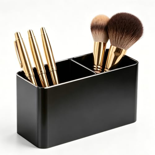 efuturetime Stiftehalter Schreibtisch Schwarz Metall mit Zwei Fächern, Schreibtisch Organizer Aluminium, Kosmetik Pinselhalter, Stifteköcher für Büro, Kinder, Rechteckig