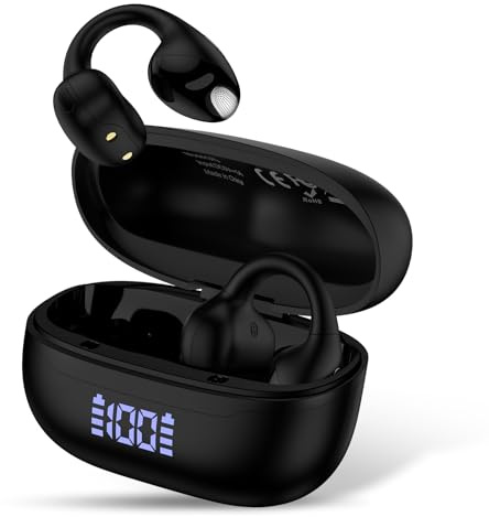 Open Ear Earbuds, Clip On Earpbuds Headphones Wireless Bluetooth Earphones | Wireless Bluetooth Clip on Earphones Bone Conduction with Smart Digital Display for Samsung Galaxy S26 A57, iPhone 17 16 15