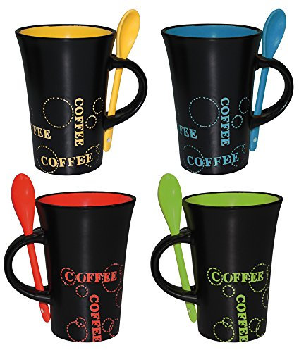 Haus und Deko Keramik Kaffeebecher & Löffel im 4er Set XL Kaffeetassen schwarz bunt Tasse Becher, 380 milliliters