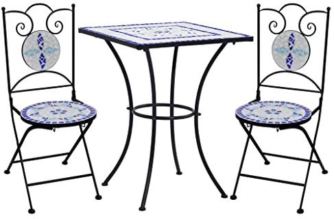vidaXL Mobilier de Bistro 3 pcs Mosaïque Table et Chaises de Pub Ensemble de Comptoir Jardin Patio Terrasse Balcon Carreaux Céramiques Bleu et Blanc