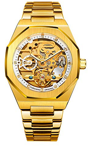 Tourbillon Design analog automatisk klocka i rostfritt stål mekaniskt skelett manlig klocka, guldvit