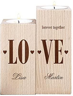 Herz & Heim® Teelichthalter mit Gravur im 2-er Set mit Personalisierung Love