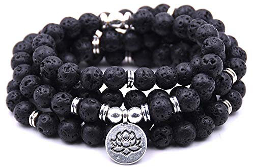 108 Naturperlen Mala Yoga Armband mit Lotus Charm (Lava)