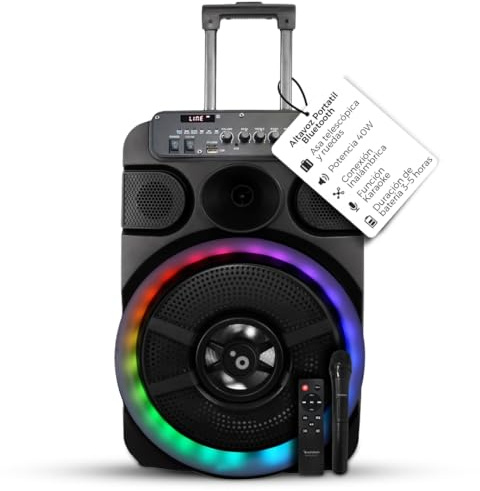 Sunstech Muscle S12 Altavoz portátil de 40 W con función Karaoke y micrófono inalámbrico | Altavoces con iluminación LED Multicolor, TWS True Wireless Stereo, Radio FM, USB, Micro SD, AUX-IN