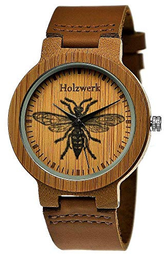 Holzwerk Germany Handgefertigte Designer Damen-Uhr Herren-Uhr Öko Natur Holz-Uhr Leder Armband-Uhr Save The Trees Analog Klassisch Quarz-Uhr Braun Baum Natur Motiv Limitiert (Braun.-)