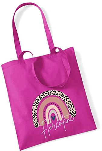 Jutebeutel bedruckt mit Namen & rosa Regenbogen LEO-Print |Stofftasche Baumwolle inkl. Namensaufdruck für Mädchen | Personalisierter Kinderbeutel Tragetasche für Krippe, Kindergarten, Schule