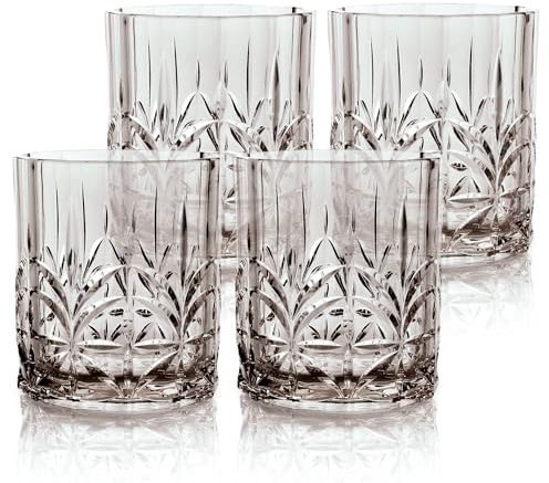 BELLAFORTE Shatterproof Tritan Plastic Short Tumbler, Set of 4, 13oz - Myrtle Beach Unbreakable Drinking Glasses for Whiskey, Crystal Cut Old Fashioned Glass - BPA Free - Dishwasher Safe - Gray