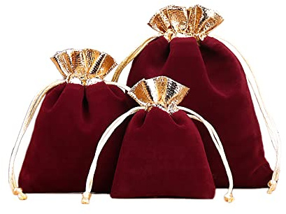 12 Stk Samtbeutel Schmuckbeutel,Klein Stoff Beutel mit Kordelzug,Samt Säckchen Geschenkbeutel Stoffsäckchen zum Befüllen für Schmuck Hochzeit Weihnachten Geburtstag Party Geschenk,12x15cm Gold Weinrot
